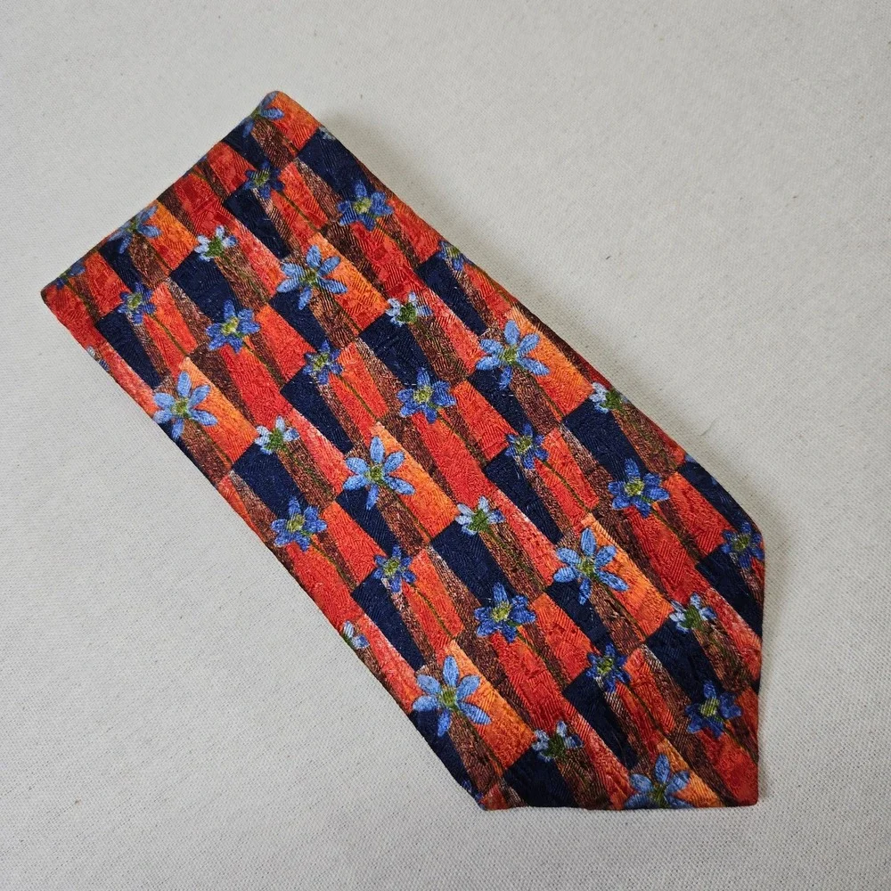 Ermenegildo Zegna Vintage Tie Silk 1990s Orange Navy Floral Made Italy‎ Designer